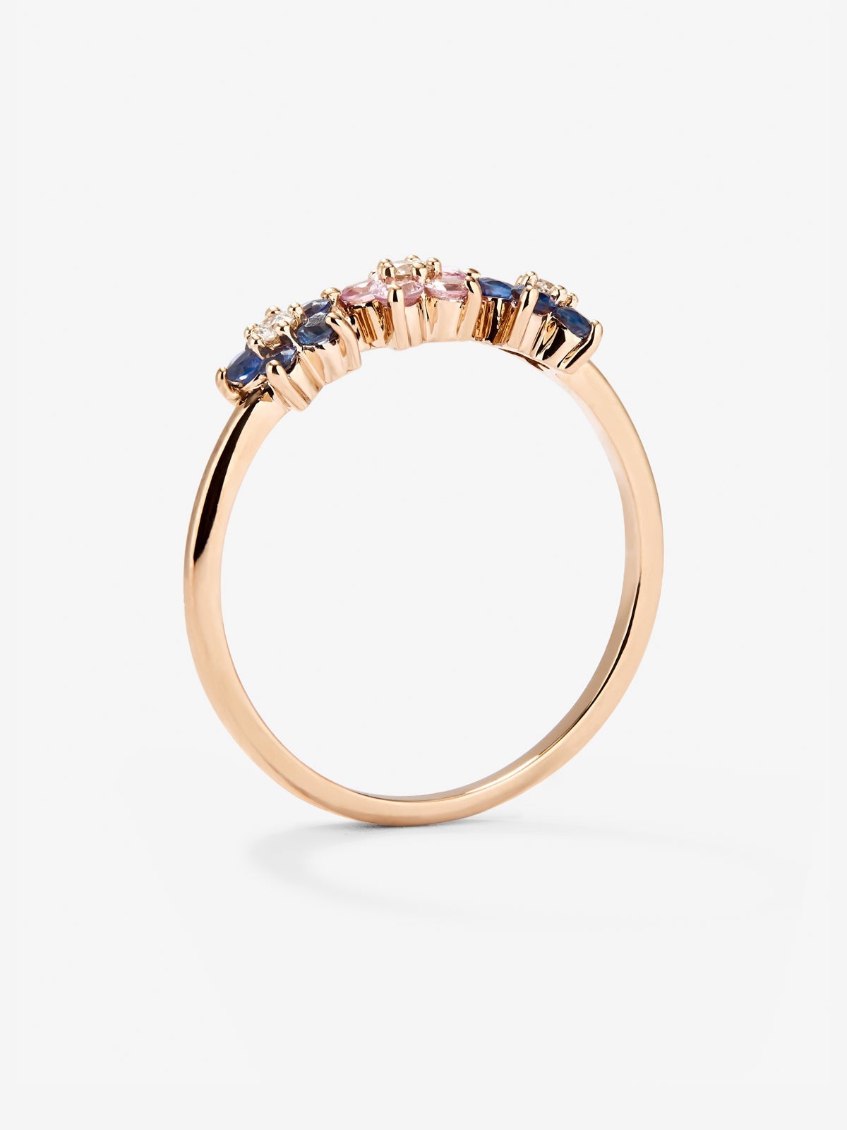 Anillo flores de oro rosa de 18kt con diamante y zafiros