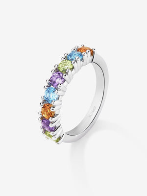 Anillo de plata 925 con peridotos, amatistas moradas, cuarzos citrinos y topacios azul swiss en talla brillante