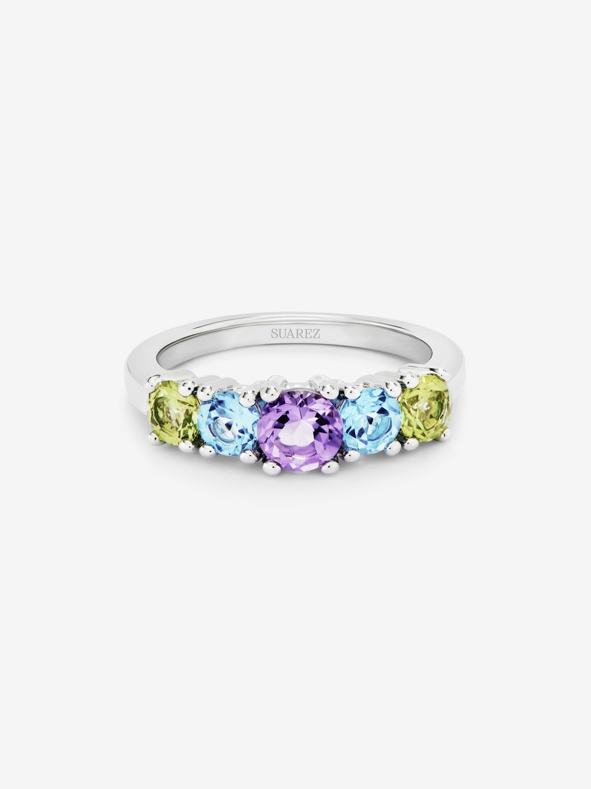 Anillo cinquillo de plata 925 con 2 peridotos, una amatista morada, y topacios azul swiss en talla brillante