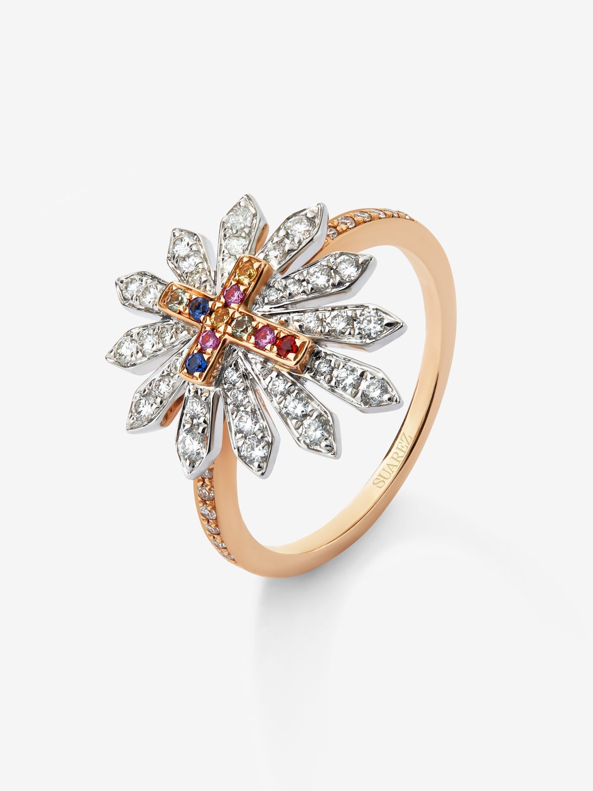 Anillo de oro blanco y rosa de 18K con 10 zafiros multicolor en talla brillante con un total de 0,41 cts y 48 diamantes en talla brillante con un total de 0,09 cts