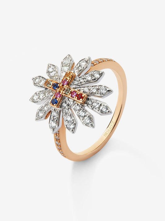 Anillo de oro blanco y rosa de 18K con 10 zafiros multicolor en talla brillante con un total de 0,41 cts y 48 diamantes en talla brillante con un total de 0,09 cts