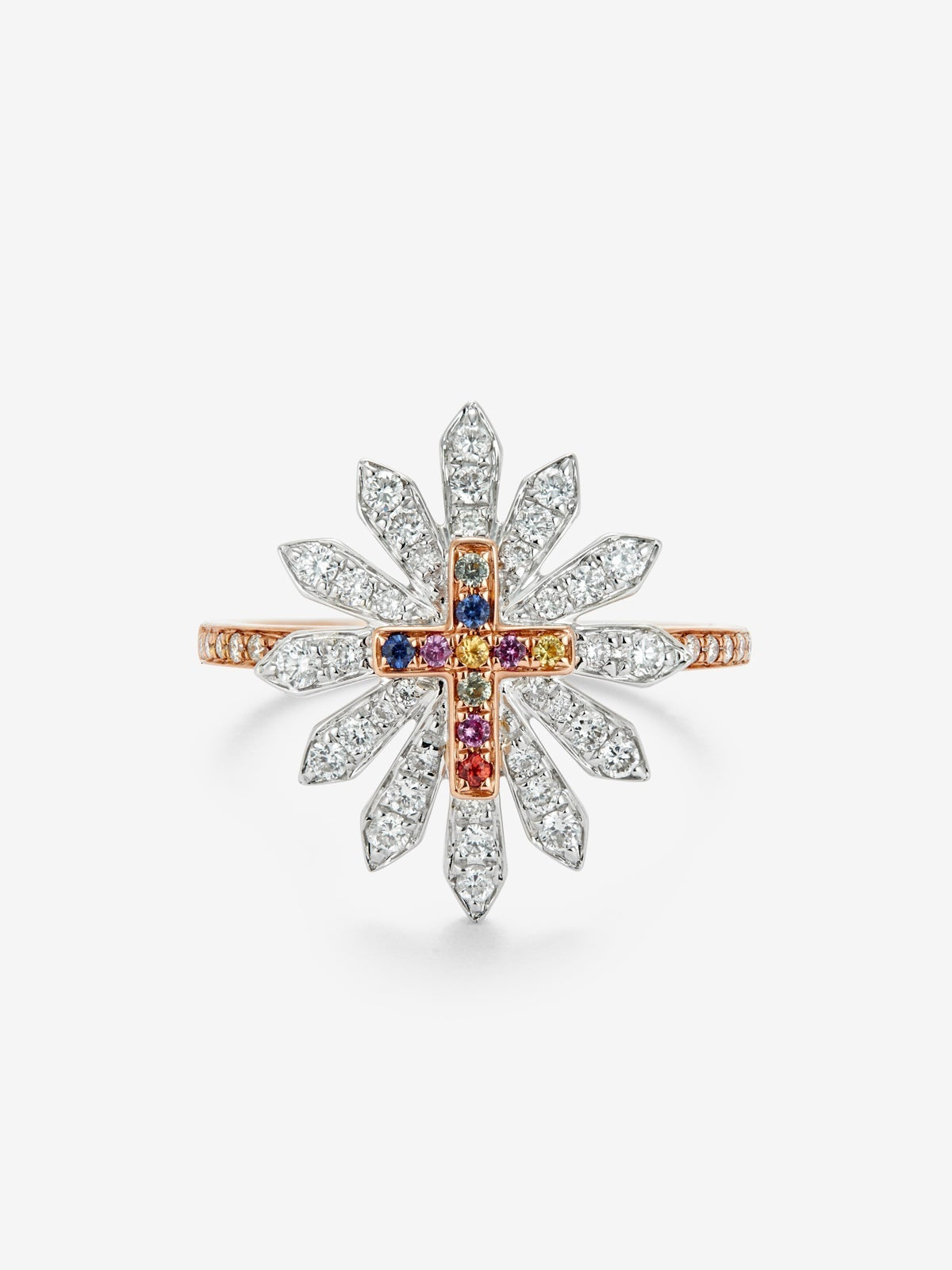 Anillo de oro blanco y rosa de 18K con 10 zafiros multicolor en talla brillante con un total de 0,41 cts y 48 diamantes en talla brillante con un total de 0,09 cts