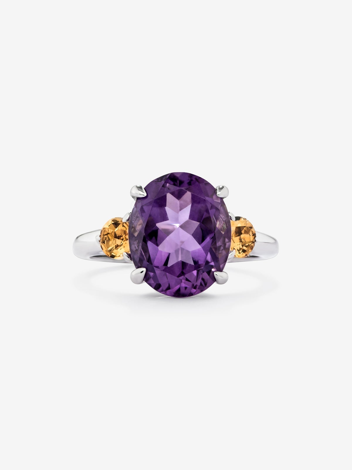Anillo tresillo de plata 925 con amatista morada en talla oval y 2 cuarzos citrinos en talla brillante