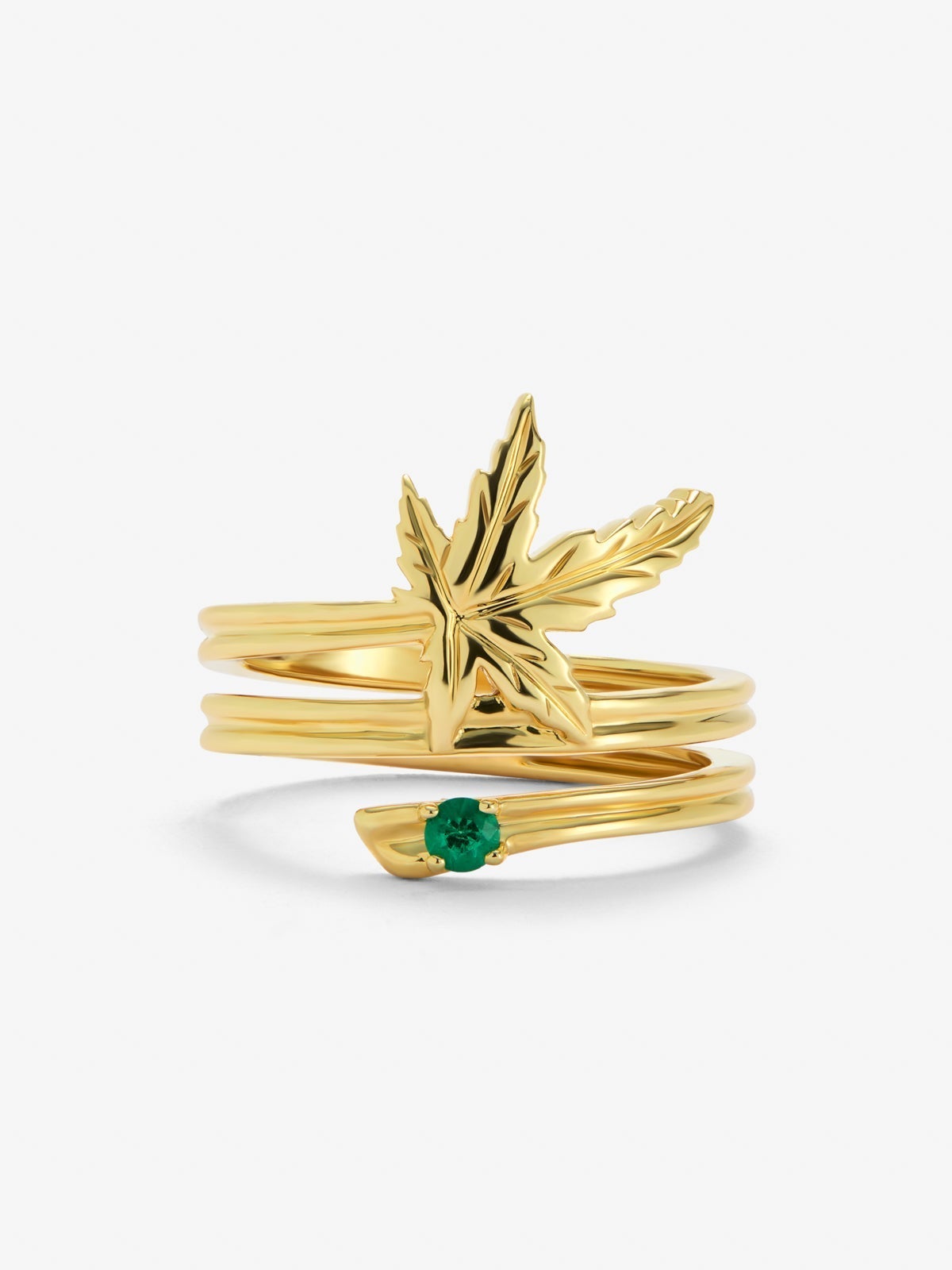 Anillo de oro amarillo de 18K con esmeralda en talla brillante de 0,06 cts y forma de hoja de arce