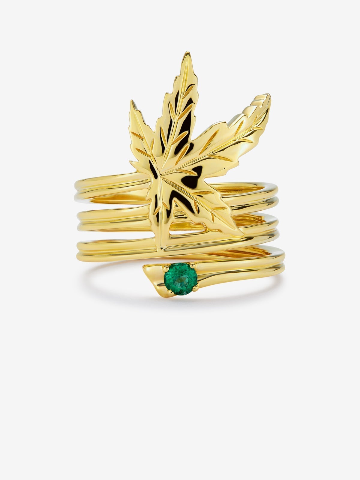 Anillo de oro amarillo de 18K con esmeralda en talla brillante de 0,11 cts y forma de hoja de arce