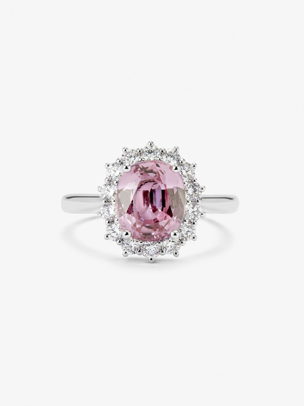 Anillo de oro blanco de 18K con zafiro rosa y diamantes blancos en talla brillante