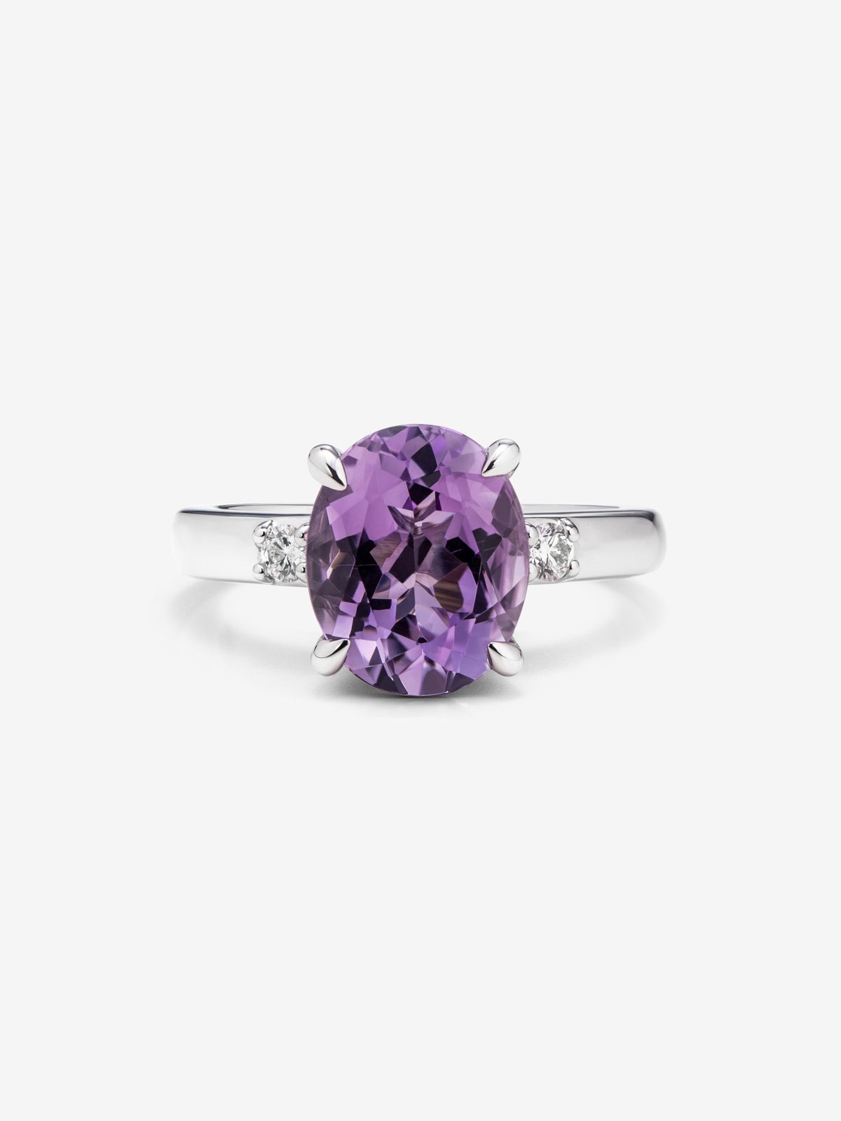 Anillo tresillo de plata 925 con amatista y diamantes