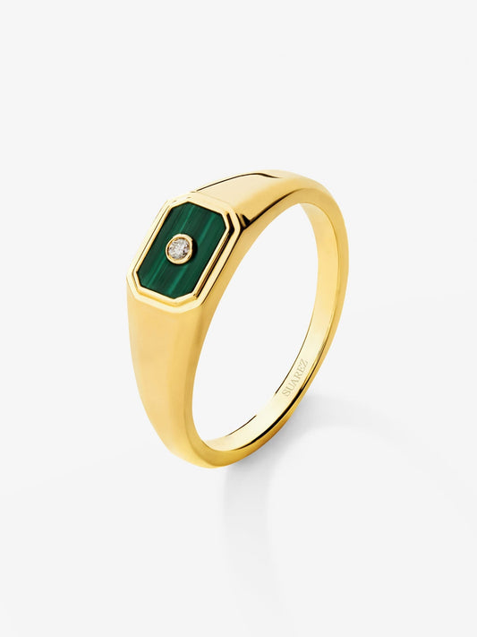 Anillo de sello pequeño de oro amarillo de 18K con malaquita verde de 0,2 cts y diamante en talla brillante de 0,01 cts