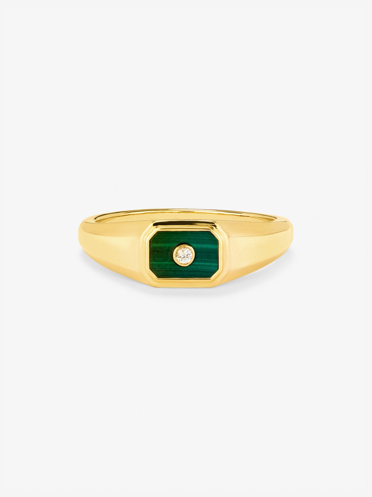 Anillo de sello pequeño de oro amarillo de 18K con malaquita verde de 0,2 cts y diamante en talla brillante de 0,01 cts