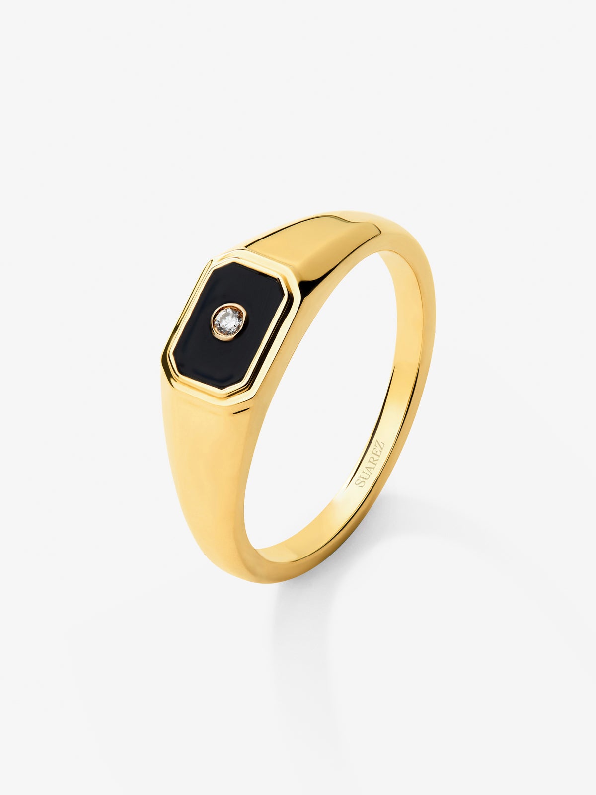Anillo de sello pequeño de oro amarillo de 18K con onix y diamante en talla brillante de 0,01 cts