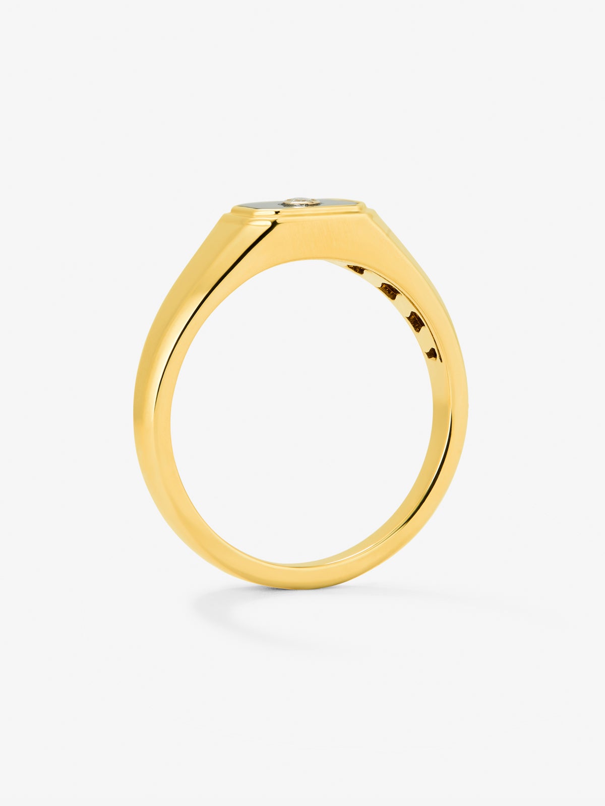 Anillo de sello pequeño de oro amarillo de 18K con onix y diamante en talla brillante de 0,01 cts