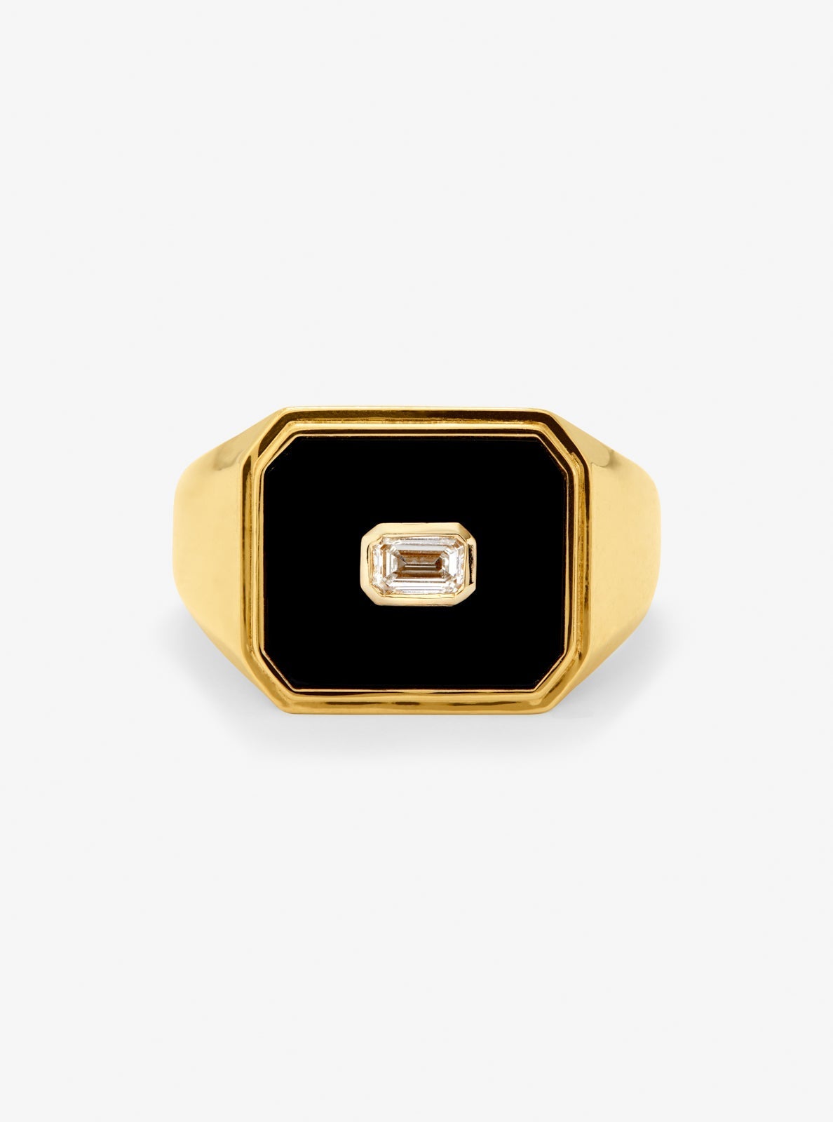 Anillo de sello grande de oro amarillo de 18K con ónix negro y diamante de 0,17 cts