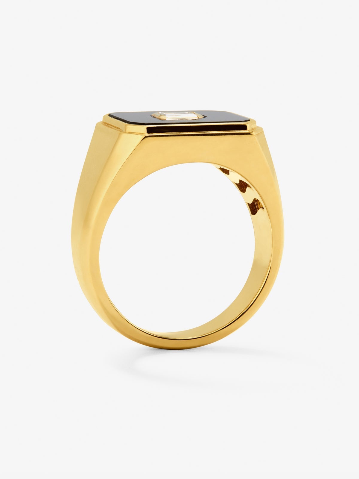 Anillo de sello grande de oro amarillo de 18K con ónix negro y diamante de 0,17 cts
