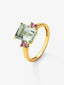 Anillo tresillo de oro amarillo de 18K con amatista verde en talla esmeralda de 2,53 cts y 2 zafiros rosas en talla princesa con un total de 0,41 cts