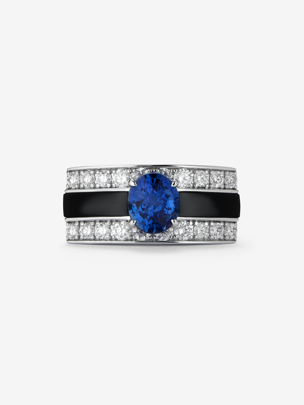 Anillo de Alta Joyería en oro blanco de 18K con zafiro azul royal, ónix negro y diamantes