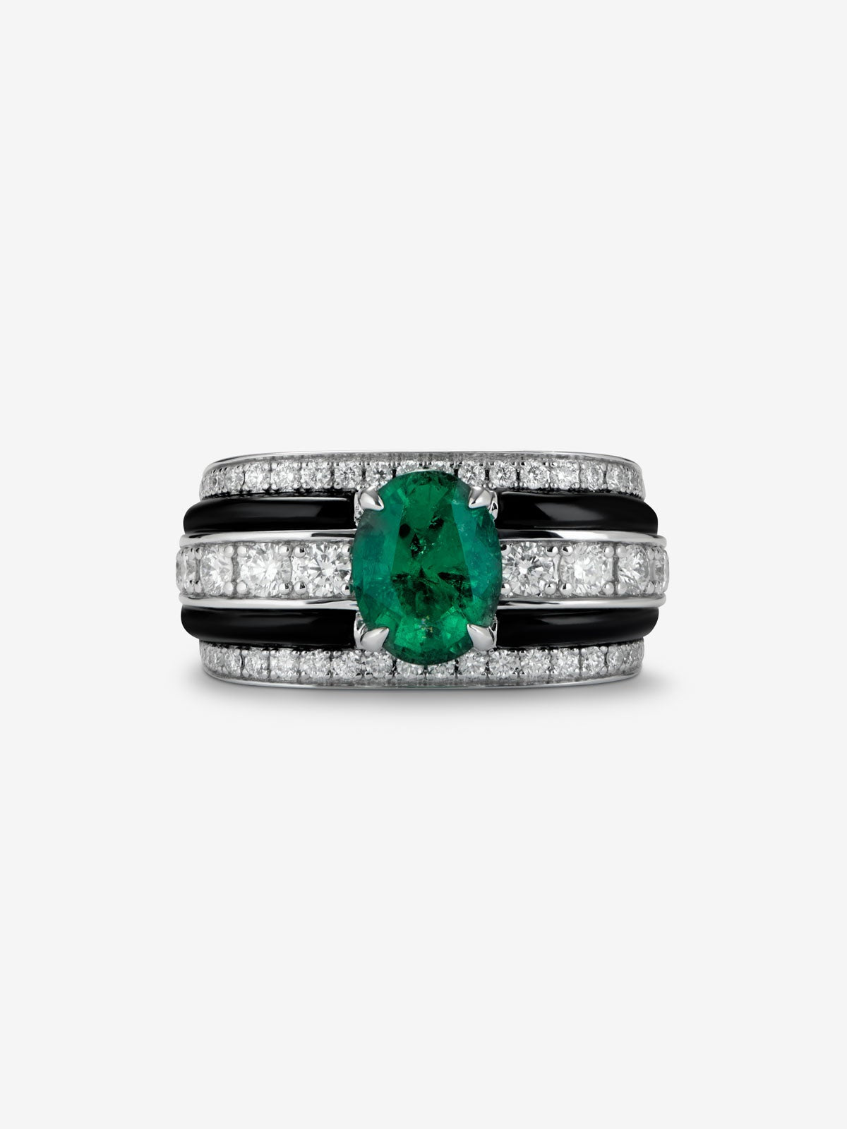 Anillo de Alta Joyería en oro blanco de 18K con esmeralda verde, ónix negro y diamantes