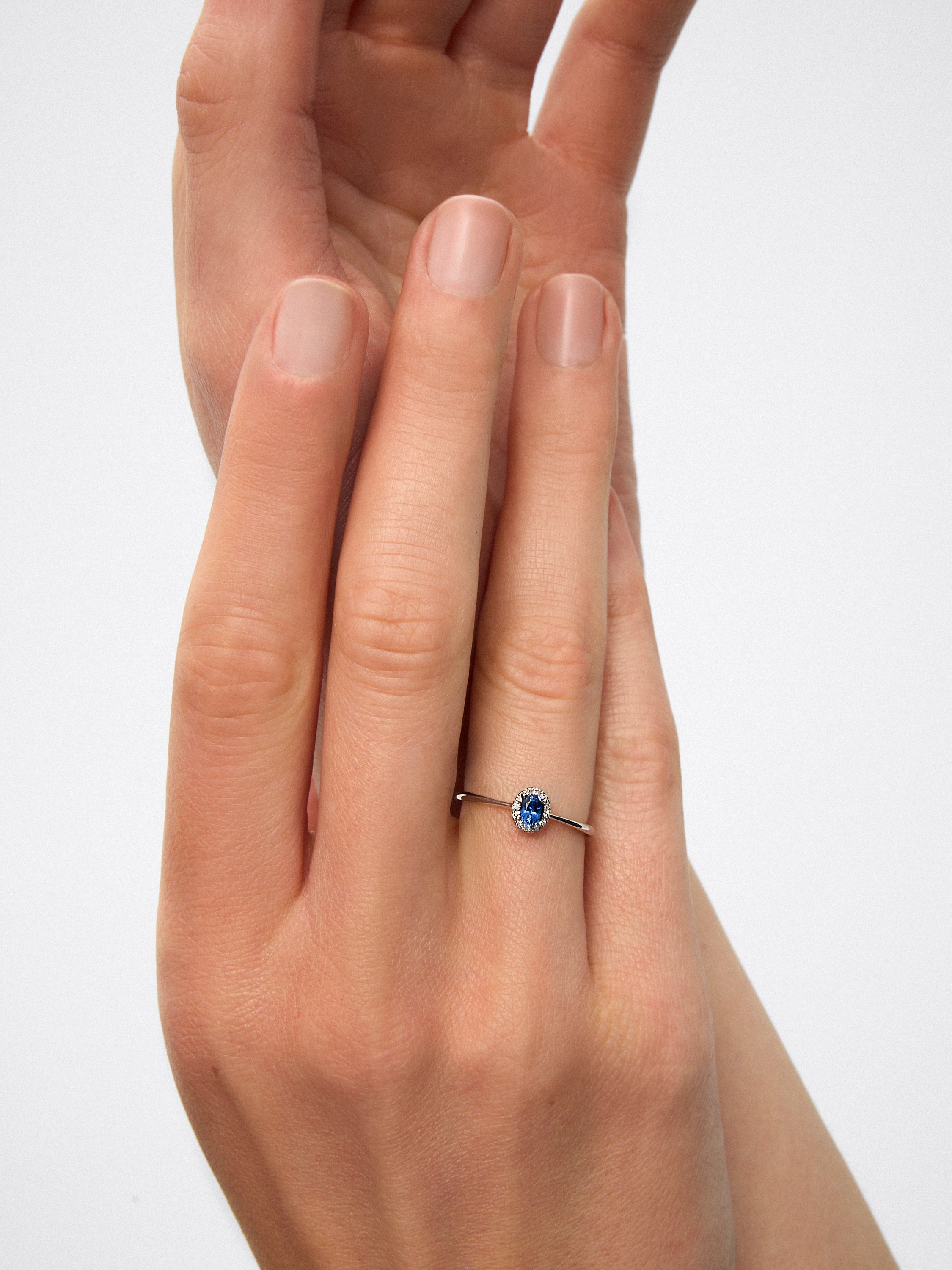 Anillo de oro blanco de 18K con zafiro azul en talla oval de 0,25 cts y 12 diamantes en talla brillante con un total de 0,06 cts