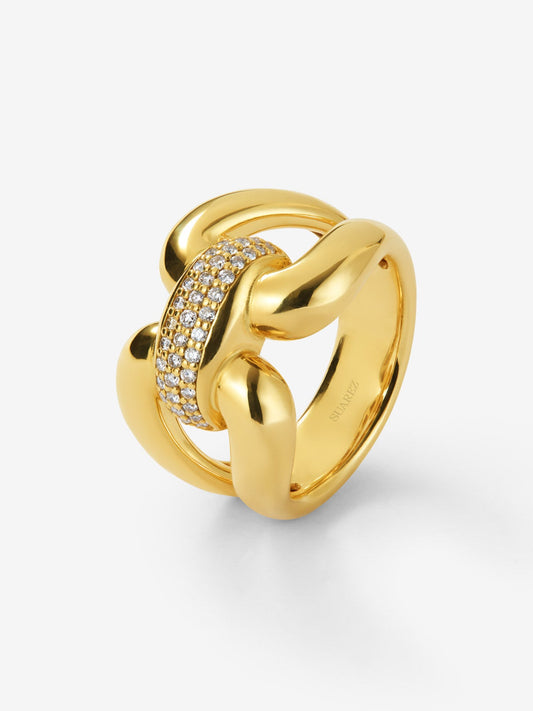 Anillo eslabón de oro amarillo de 18K con pavé de diamantes