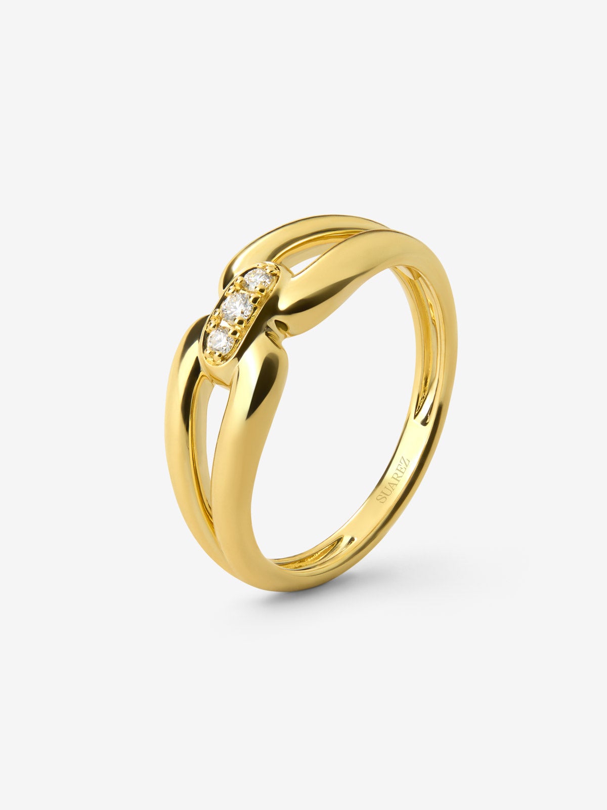 Anillo mini eslabón de oro amarillo de 18K con 3 diamantes en talla brillante con un total de 0,06 cts