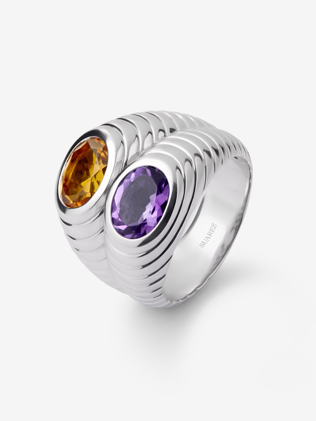 Anillo doble de plata 925 con cuarzo citrino y amatista morada