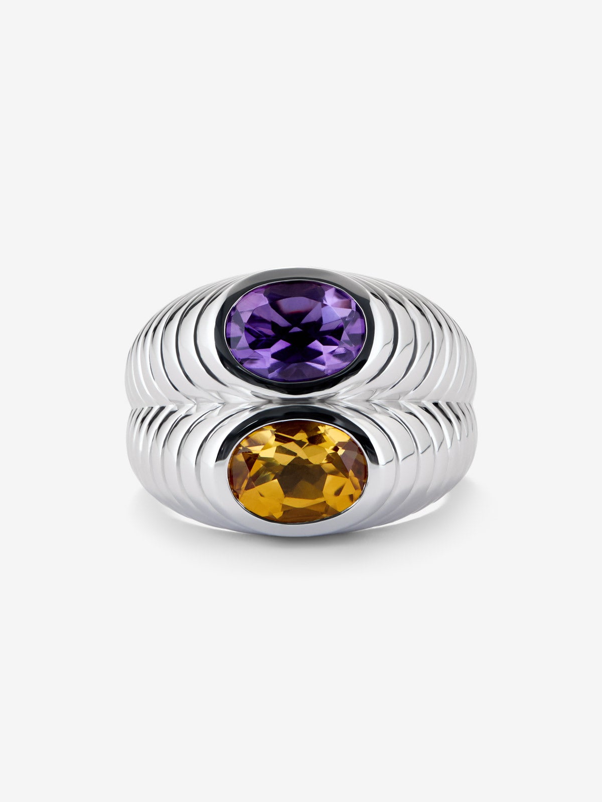 Anillo doble de plata 925 con cuarzo citrino y amatista morada