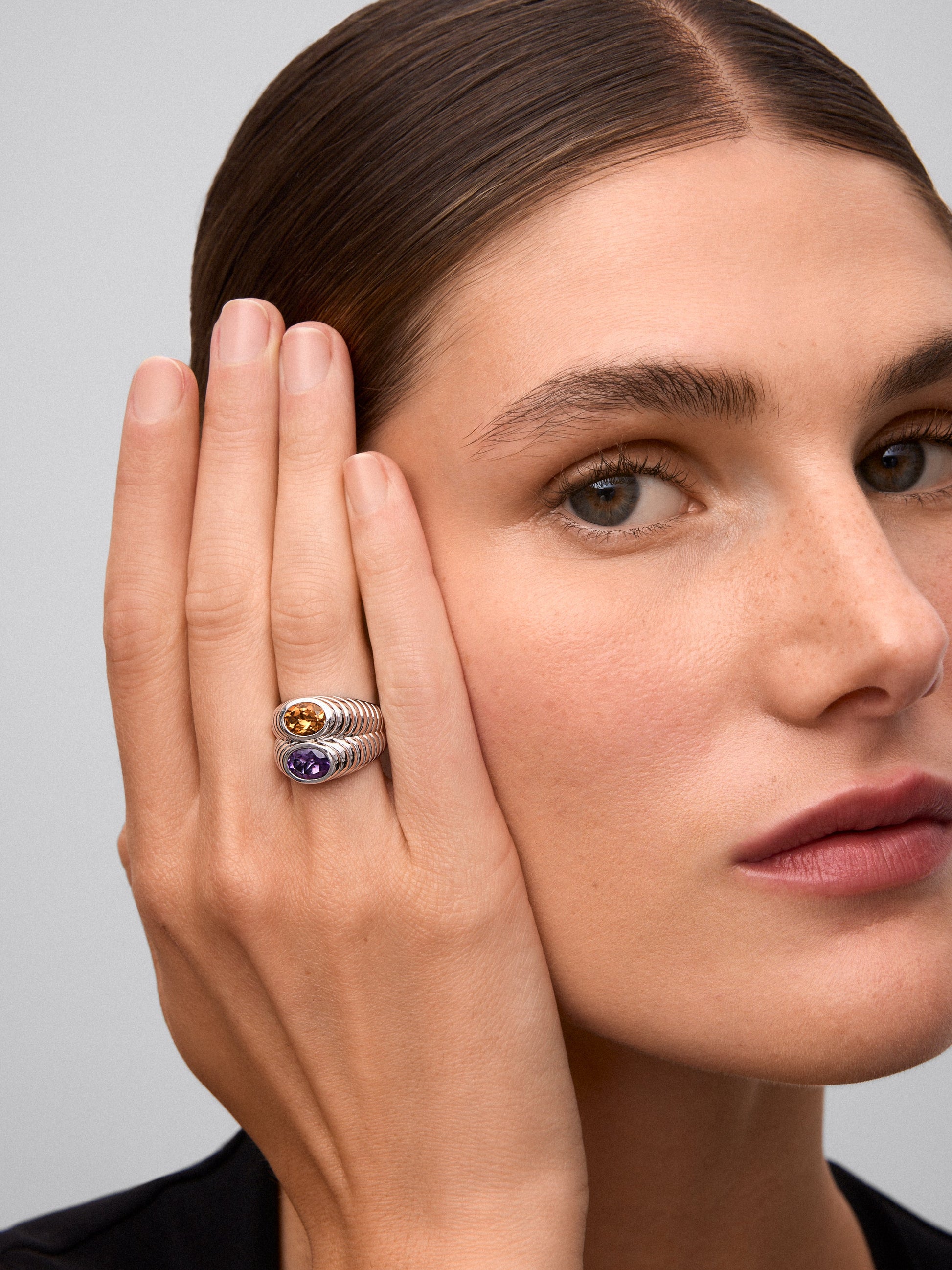 Anillo doble de plata 925 con cuarzo citrino y amatista morada