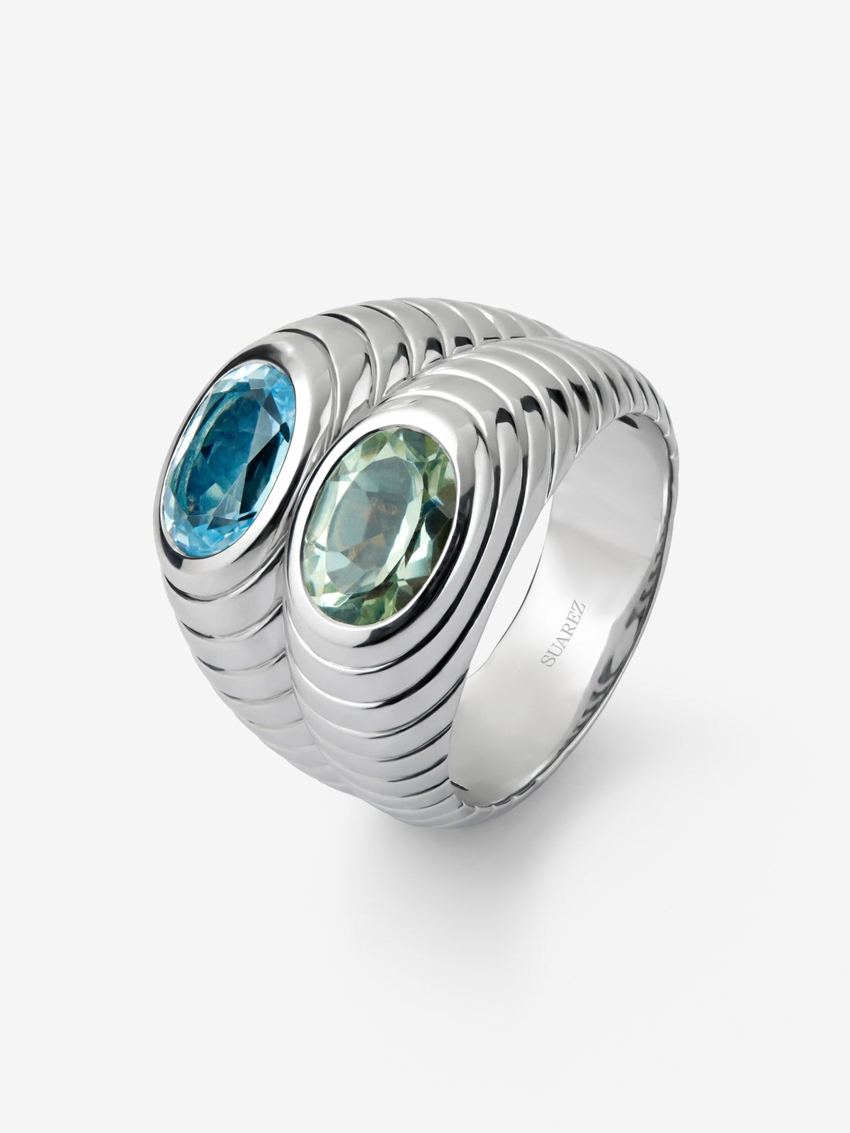 Anillo doble de plata 925 con topacio azul sky y amatista verde