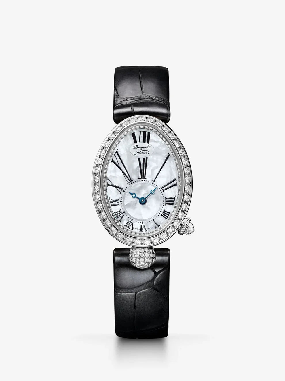 Reloj Breguet Reine de Naples de oro blanco de 18K, nácar y diamantes, pulsera de piel, con cristal de zafiro y movimiento mecánico