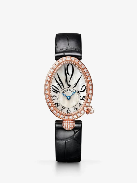 Reloj Breguet Reine de Naples de oro rosa de 18K, nácar y diamantes, pulsera de piel, con cristal de zafiro y movimiento mecánico