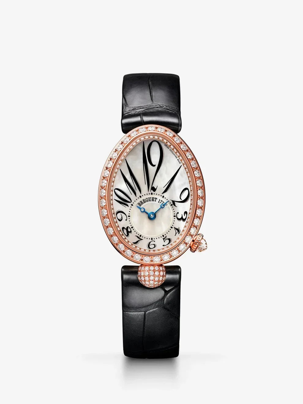 Reloj Breguet Reine de Naples de oro rosa de 18K, nácar y diamantes, pulsera de piel, con cristal de zafiro y movimiento mecánico