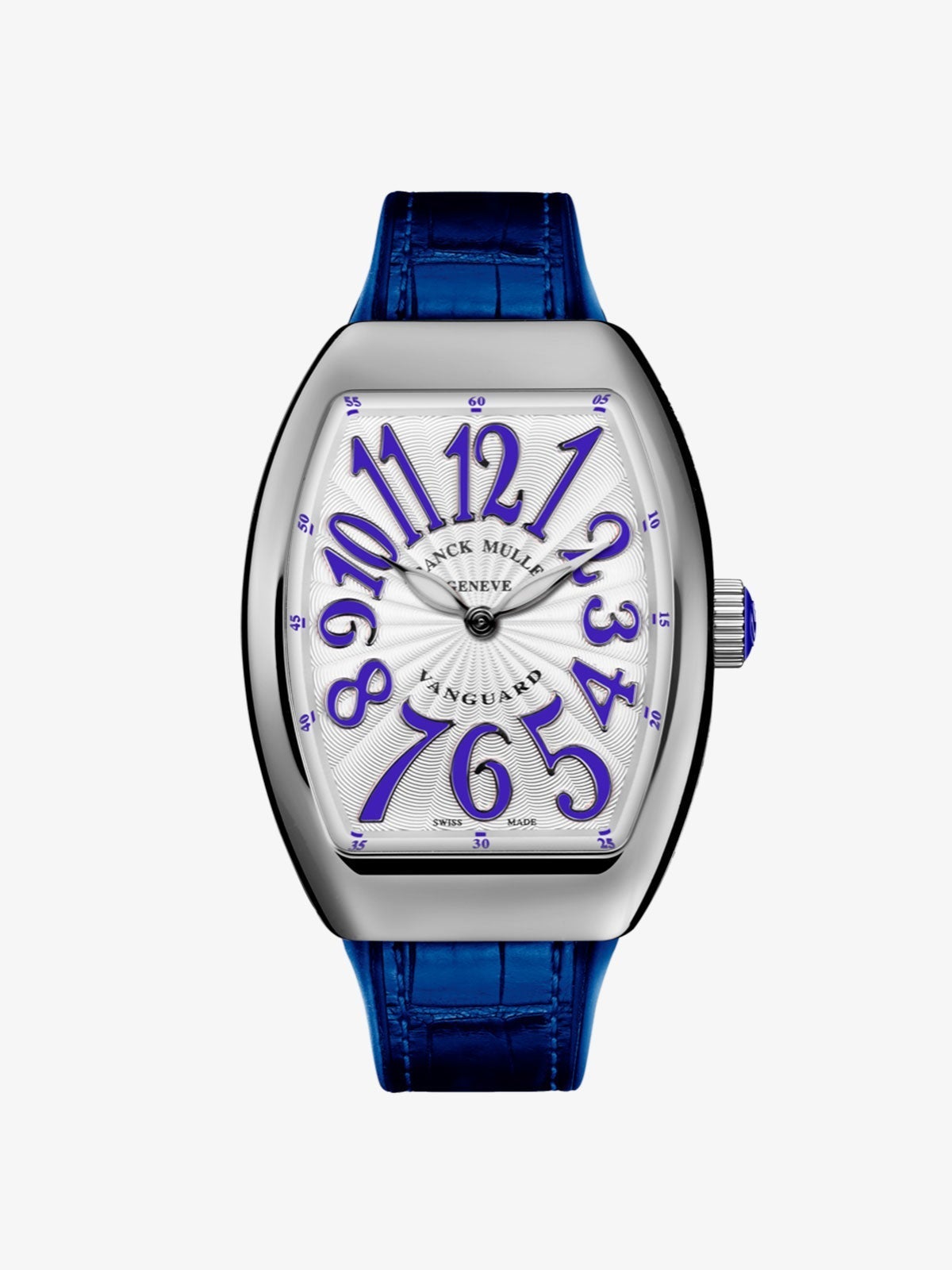Reloj Franck Müller Vanguard de acero, pulsera de piel de cocodrilo azul y movimiento de cuarzo
