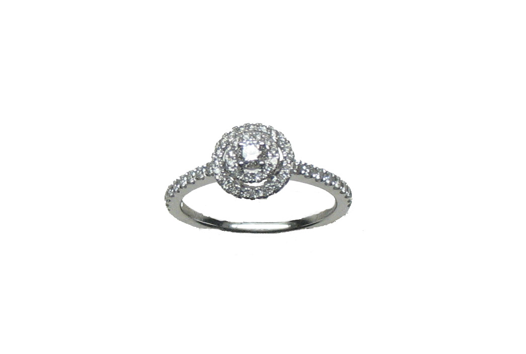 Anillo de oro blanco de 18K con doble orla de diamantes y diamante central en talla brillante con un total de 0,67 cts