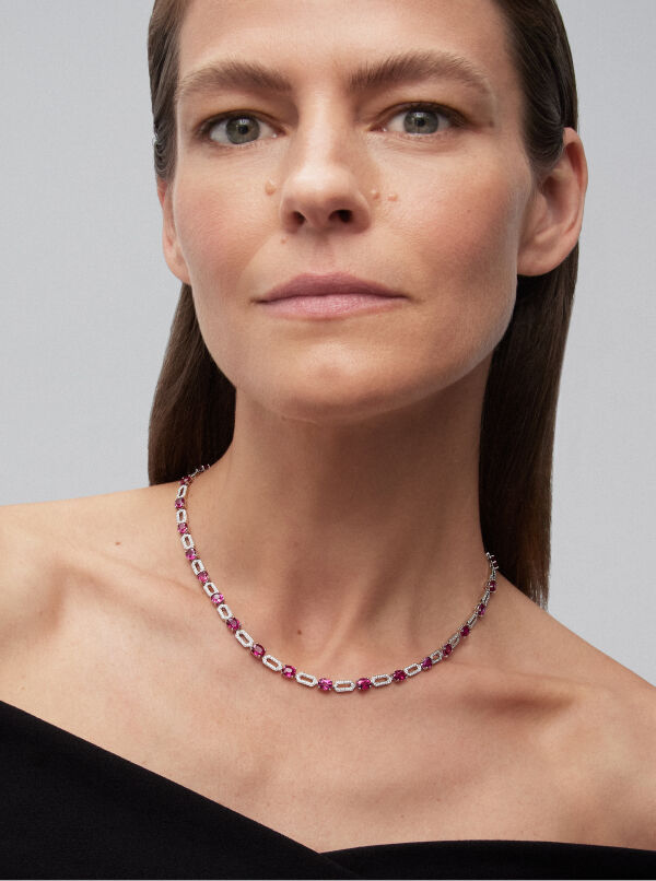 18kt white gold rivière necklace with diamonds and rubies