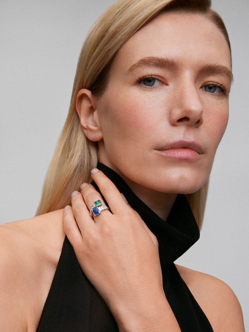 You and 18k white gold ring with blue zafiro in octagonal size 1.8 cts, emerald green in octagonal size 1.13 cts and white diamonds in 0.69 cts baguette size image number 1