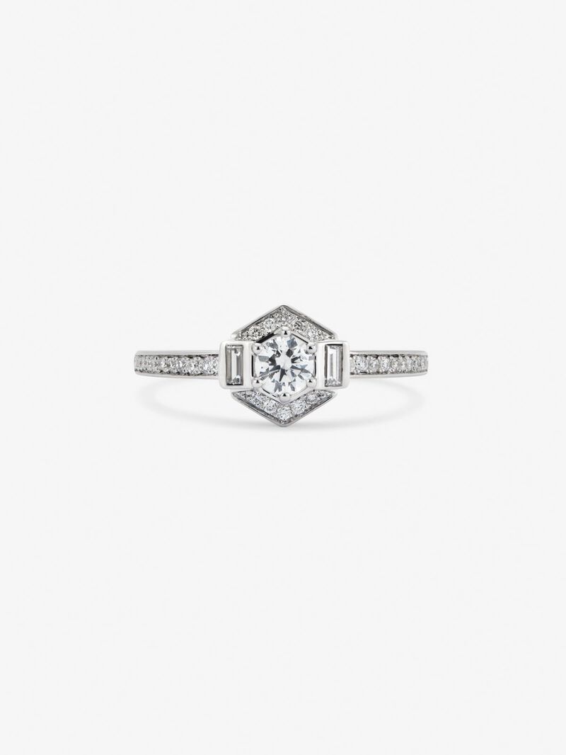 18K white gold ring with a 0.2 ct brilliant-cut central diamond; 2 in baguette cut with a total of 0.05 cts and 38 in brilliant cut with a total of 0.12 cts image number 2