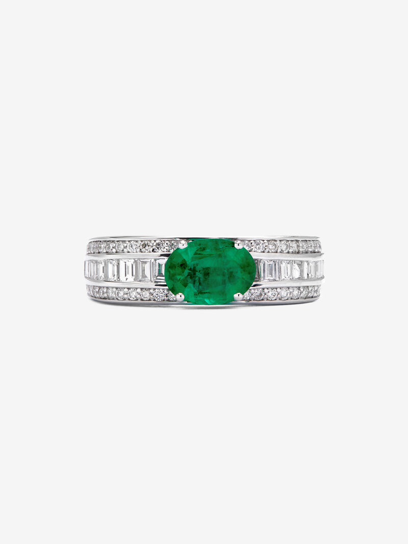 18K white gold ring with oval-cut green emerald of 0.91 cts, 94 brilliant-cut and baguette-cut diamonds with a total of 0.74 cts image number 2