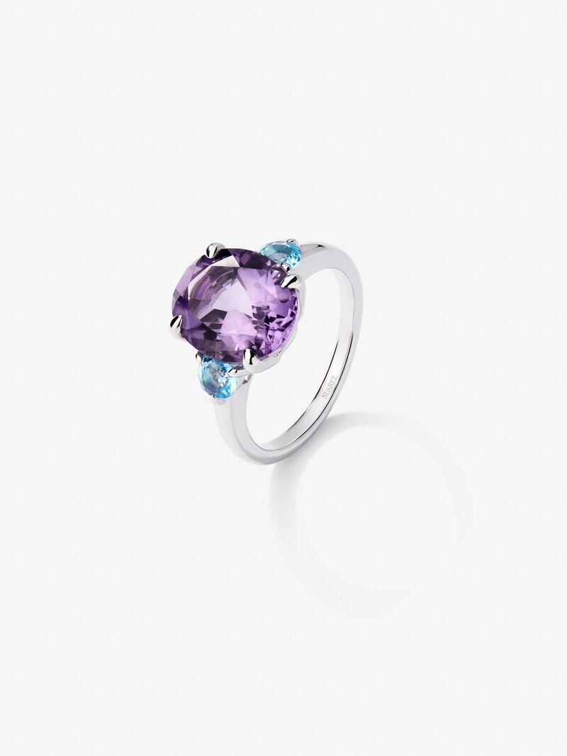 925 silver triple ring with oval-cut purple amethyst and 2 brilliant-cut Swiss blue topazes image number 0