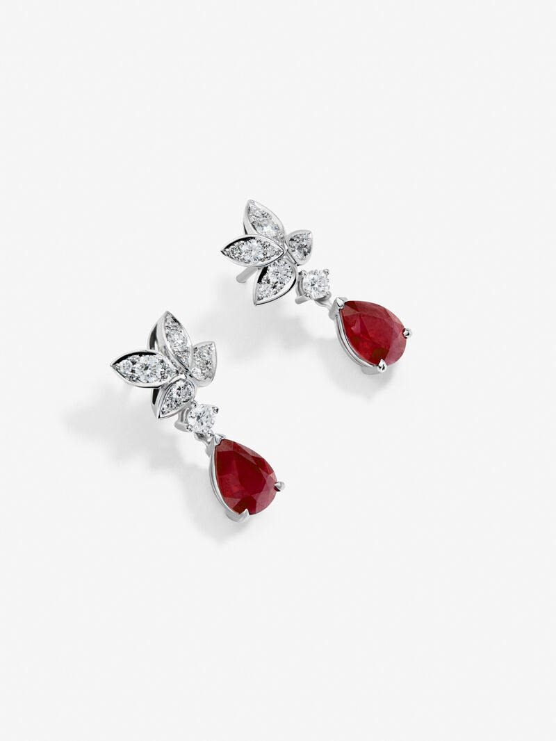 18K white gold earrings with red rubies Pigeon Blod in pear size 4.62 cts and white diamonds in bright size of 0.89 cts image number 2