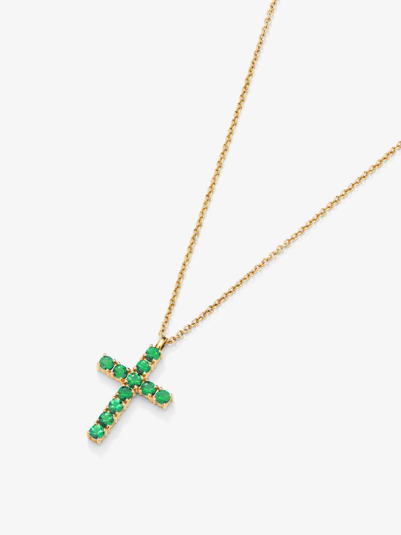 18K yellow gold pendant with a cross of 11 brilliant-cut emeralds with a total of 0.35 cts image number 2