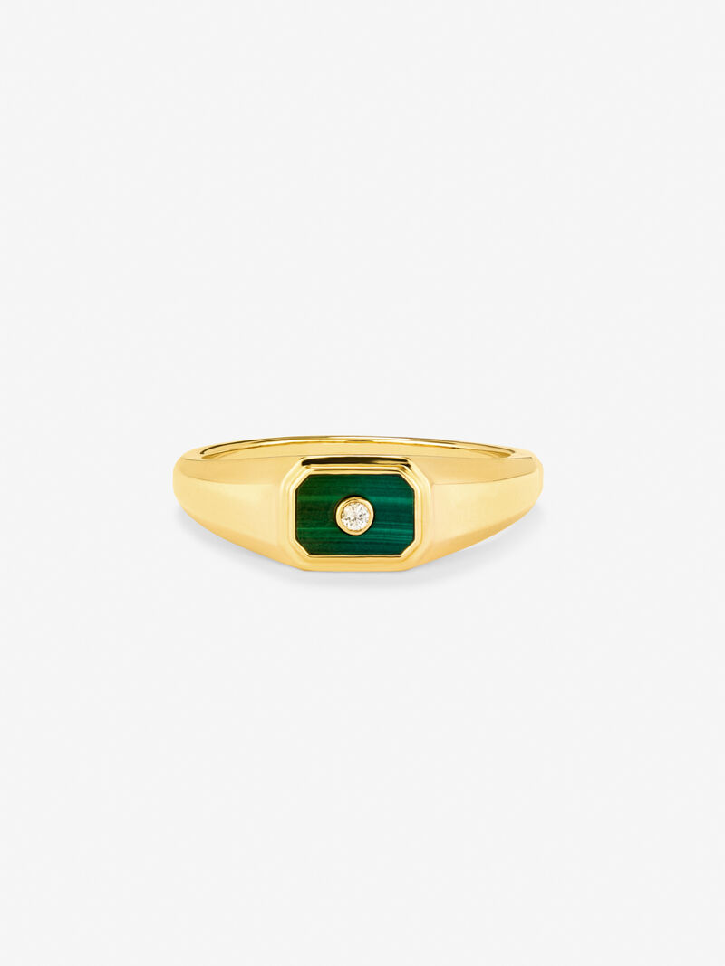 Small yellow gold seal ring of 18k with 0.2 cts green malaquita and white diamond in 0.01 cts image number 2