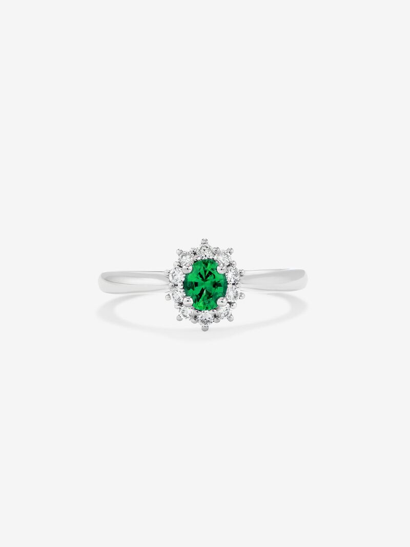 18K White Gold Ring with Emerald Green oval size and white diamonds image number 2