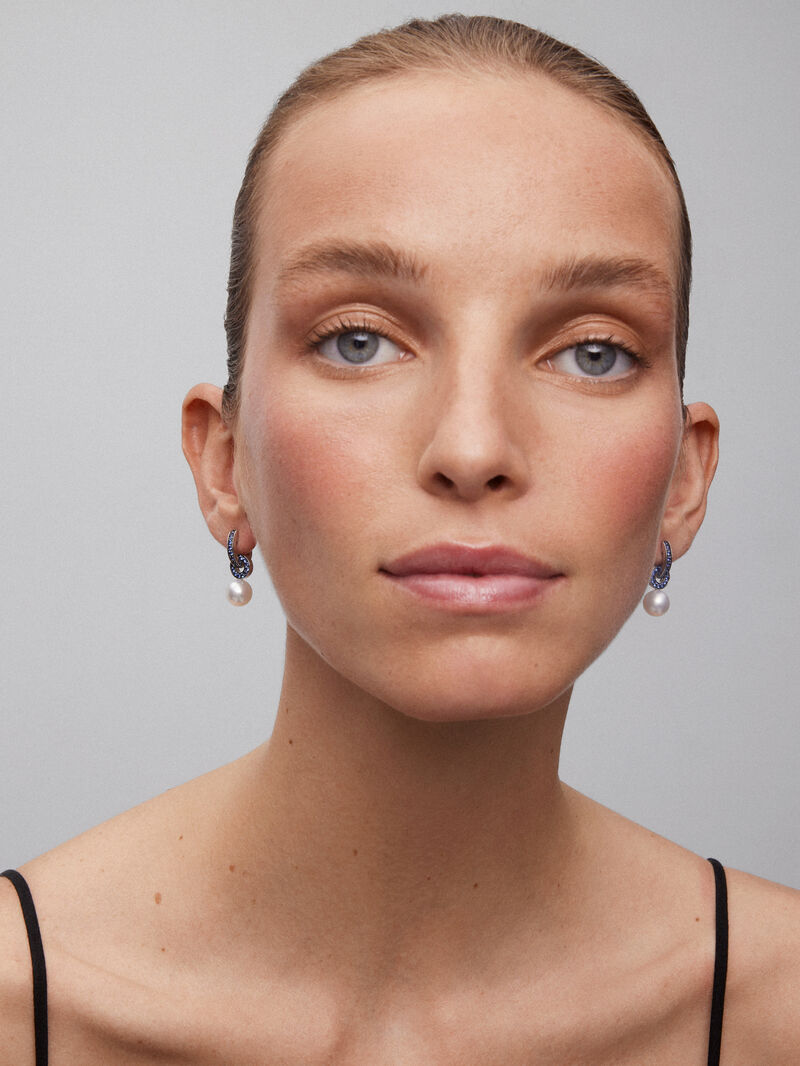 925 Silver double hoop earring combined with a 9mm Akoya pearl and sapphire. image number 1