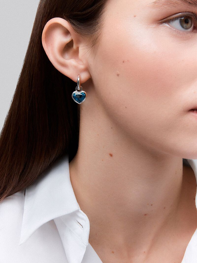 London Blue Topaz Stone Heart Silver Creole Earrings image number 3