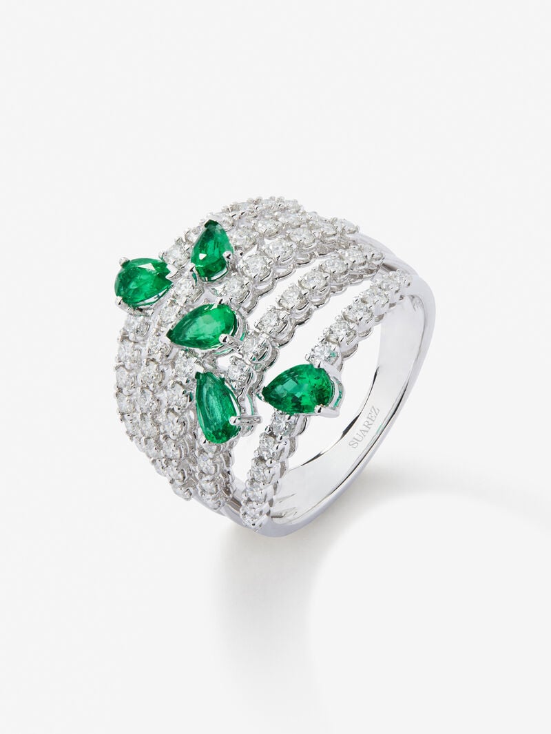18K white gold ring with 60 brilliant-cut diamonds with a total of 1.02 cts and 5 pear-cut green emeralds with a total of 0.92 cts image number 1