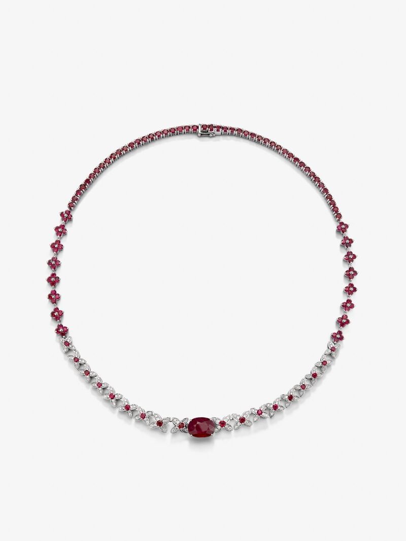 18K white gold necklace with red ruby ​​blod in 5,04 cts oval size, red ruby ​​in 13 cts and white diamonds in bright size of 1.11 cts image number 0