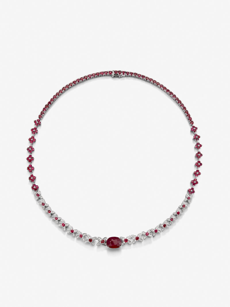 18K white gold necklace with red ruby ​​blod in 5,04 cts oval size, red ruby ​​in 13 cts and white diamonds in bright size of 1.11 cts image number 0