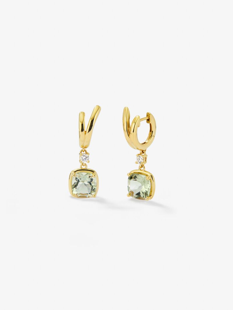 18K yellow gold earrings with 2 cushion-cut green amethysts with a total of 6.4 cts and 2 brilliant-cut diamonds with a total of 0.21 cts image number 0