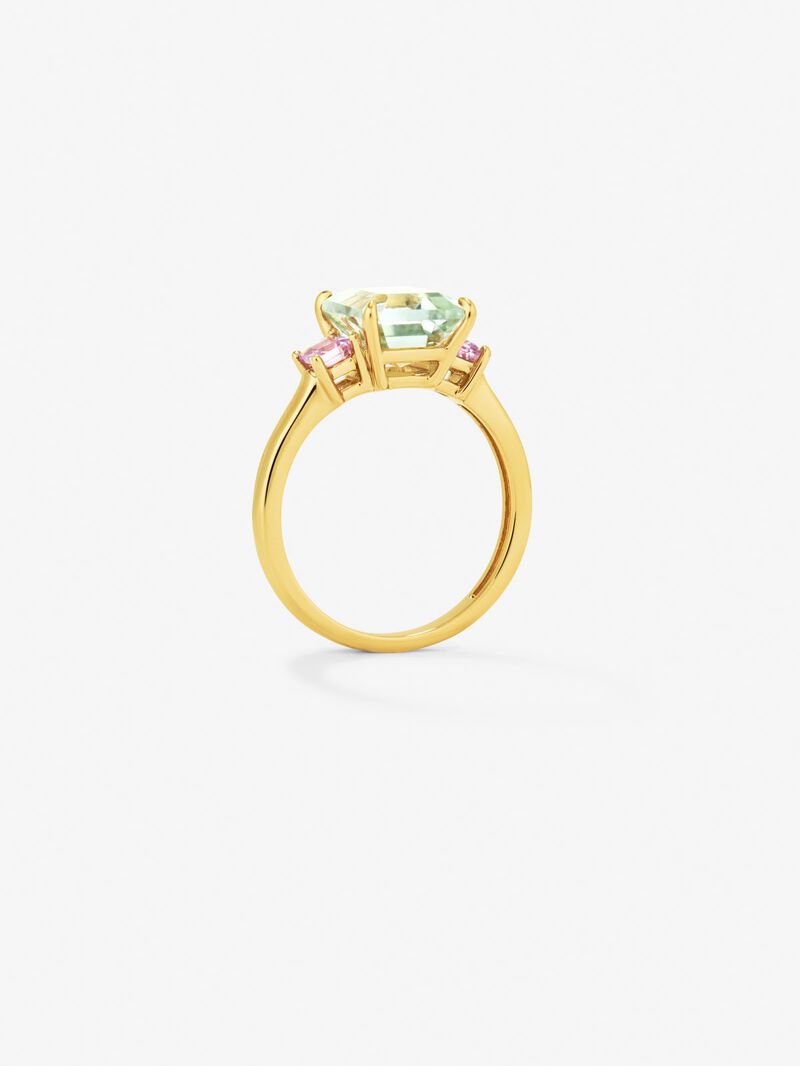 18k yellow golden ring with green amethyst in octagonal size 2.53 cts and pink sapphires in 0.41 cts princess size image number 4