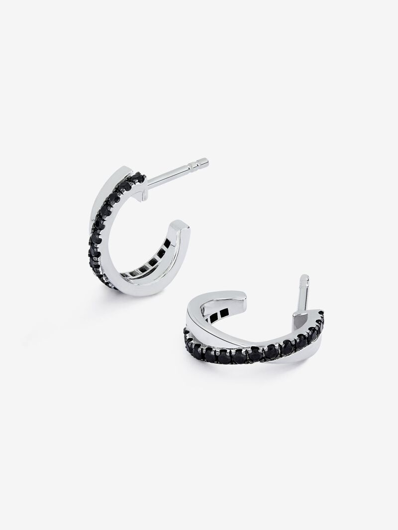 Thin cross hoop earrings made of 925 silver with spinels. image number 2