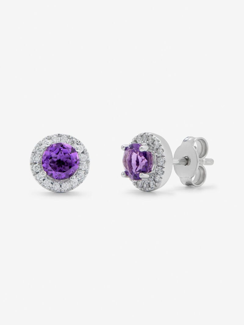 18K white gold button earrings with amethyst and diamond. image number 0